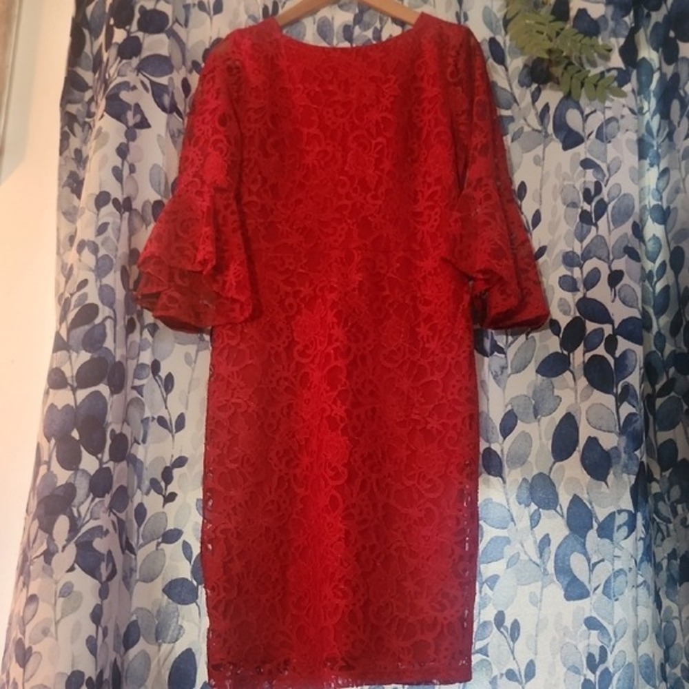 Gabby Skye Elegant Red Lace Dress Size 6 bell sleeve Midi length sheath